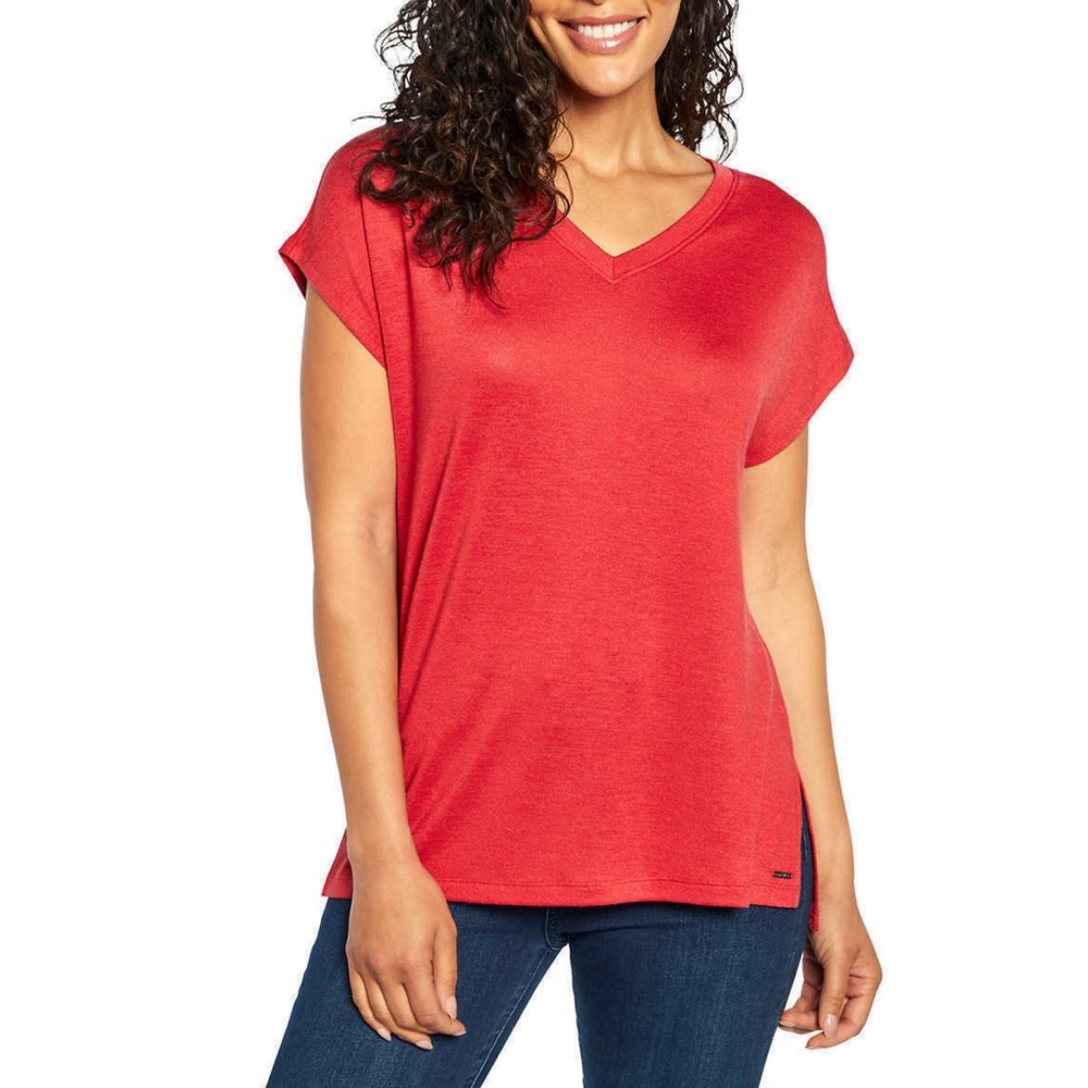 Orvis Ladies Red Oversized Tunic Shirt Loose Fitting Soft Engraved Logo at Rib